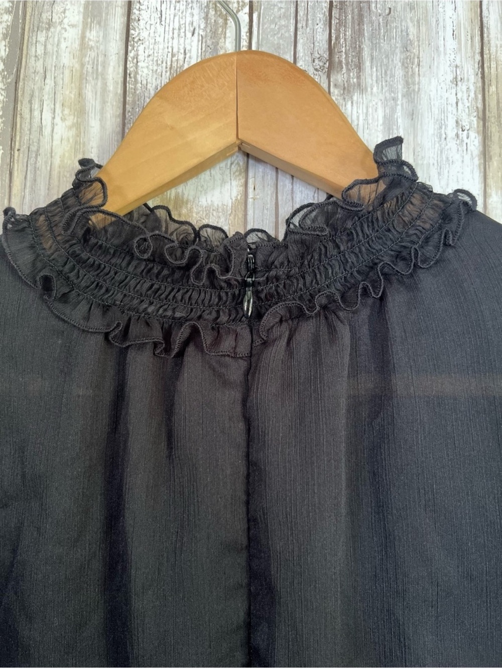 Ann Taylor Sheer Black Ruffle Blouse Romantic Boho Long Sleeve High Neck Top M - Picture 5 of 6